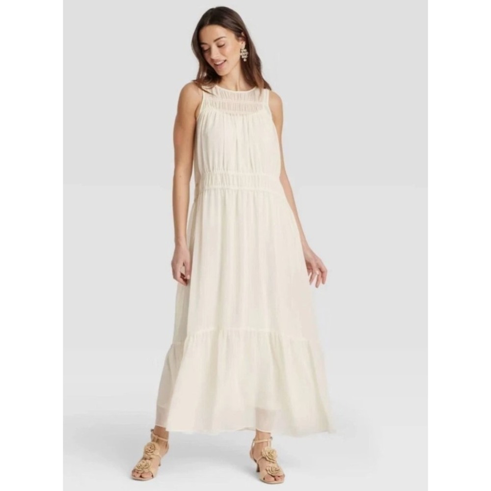 a new day Sleveeless Sheer Chiffon Maxi Dress Cream Small - Picture 2 of 4